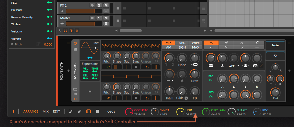 Xjam's 6 encoders mapped to Bitwig Studio's Soft Controller